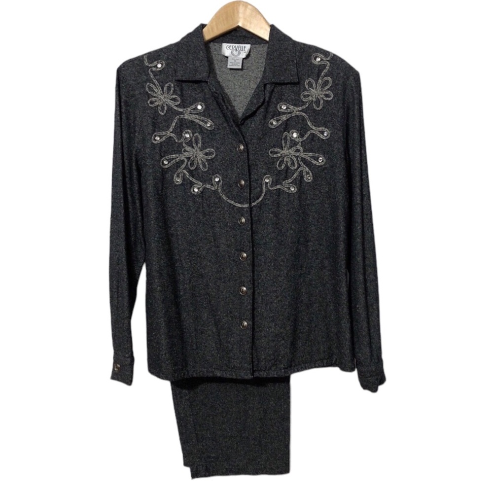 Cervelle Vintage Silk Casual Pants Suit/Set Rhinestone & Piping Womens M Western